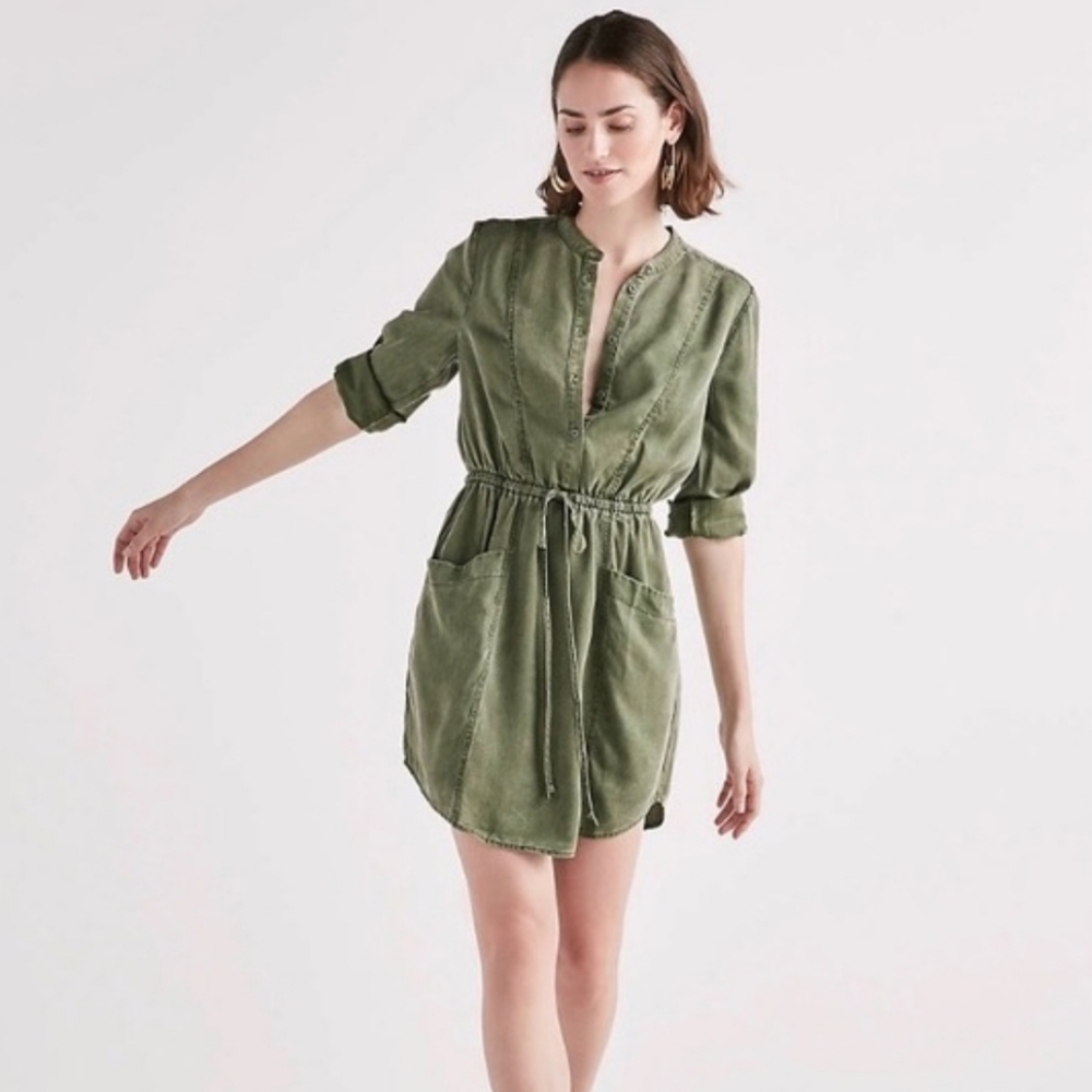 Lucky Brand Green Long Sleeve Tie Front Cinched Waist Shirt Dress Like New